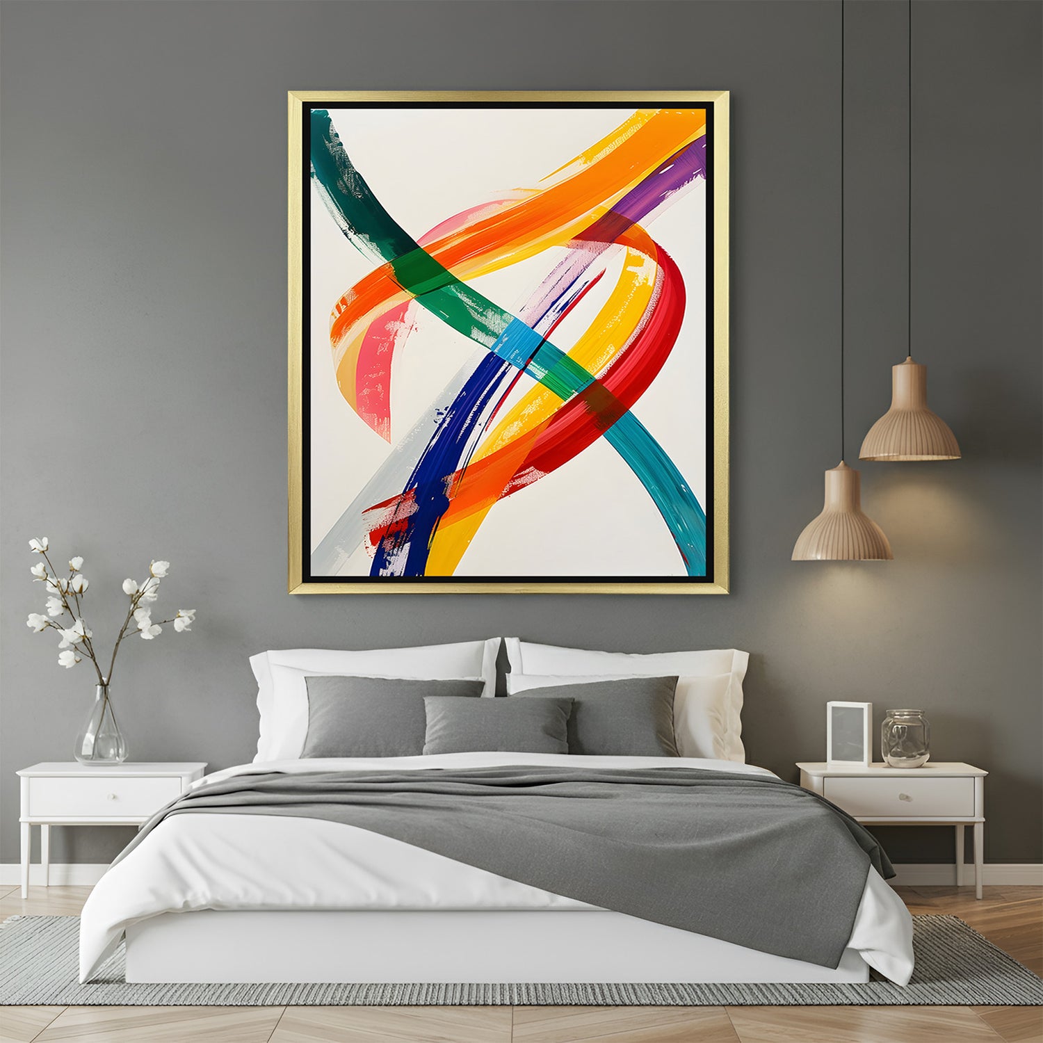 Modern abstract canvas art with paint strokes and golden floater frame