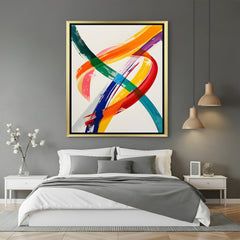 Modern abstract canvas art with paint strokes and golden floater frame