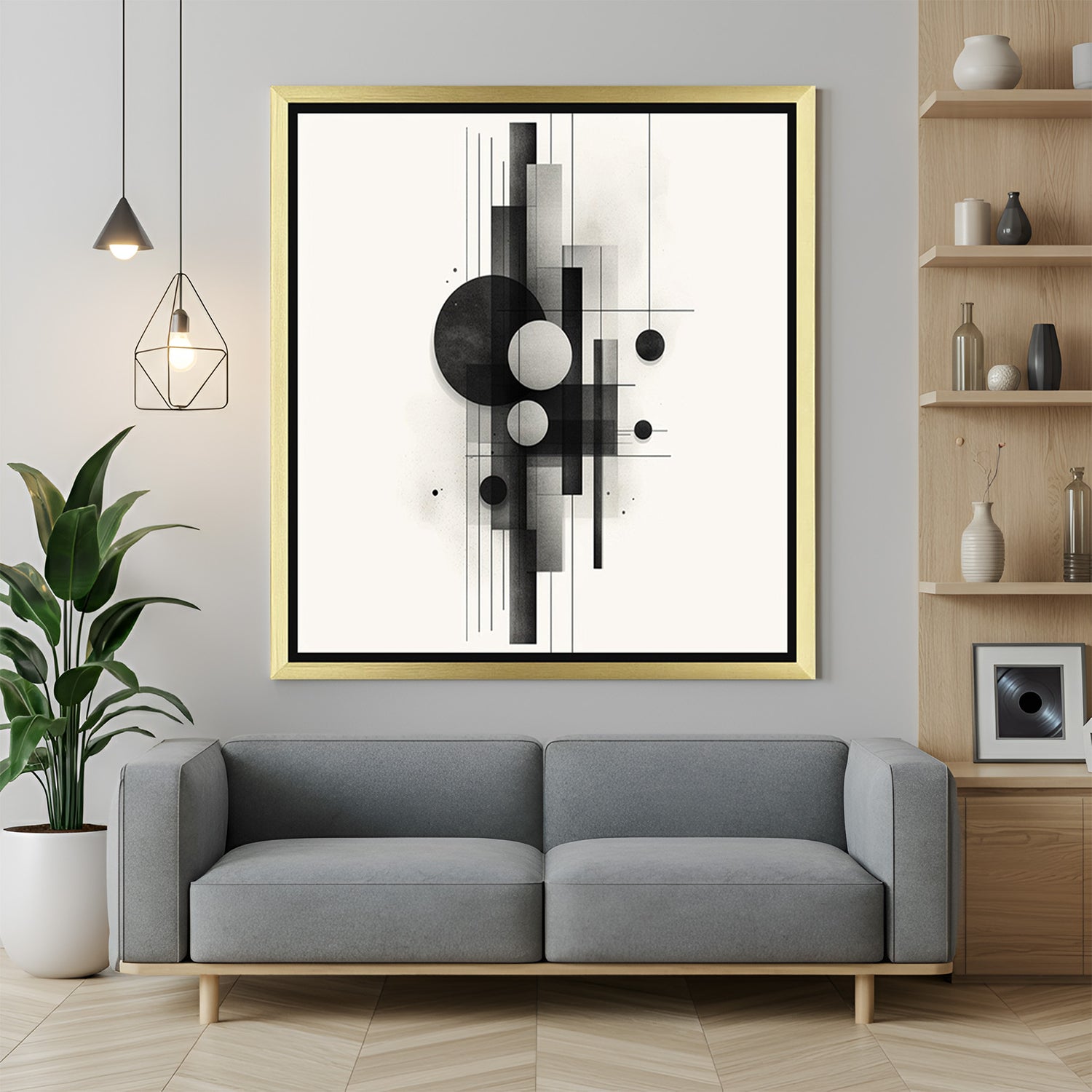 Minimal abstract canvas print with black circles and rectangles in gold floater frame