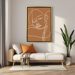Minimal boho line face wall painting in golden floater frame for chic feminine spaces