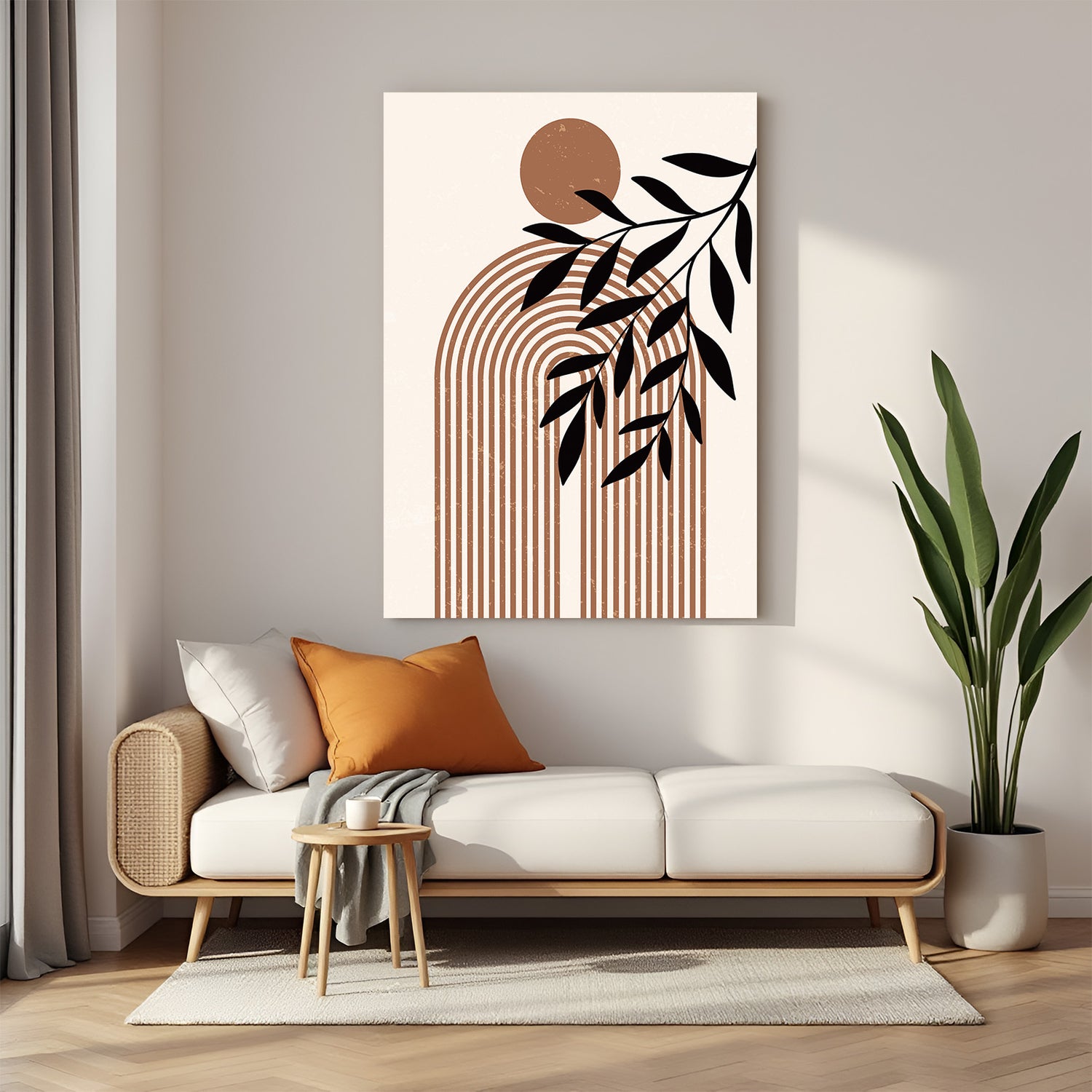 Canvas wall art with abstract lines and leaf – minimal boho artwork for earthy interiors