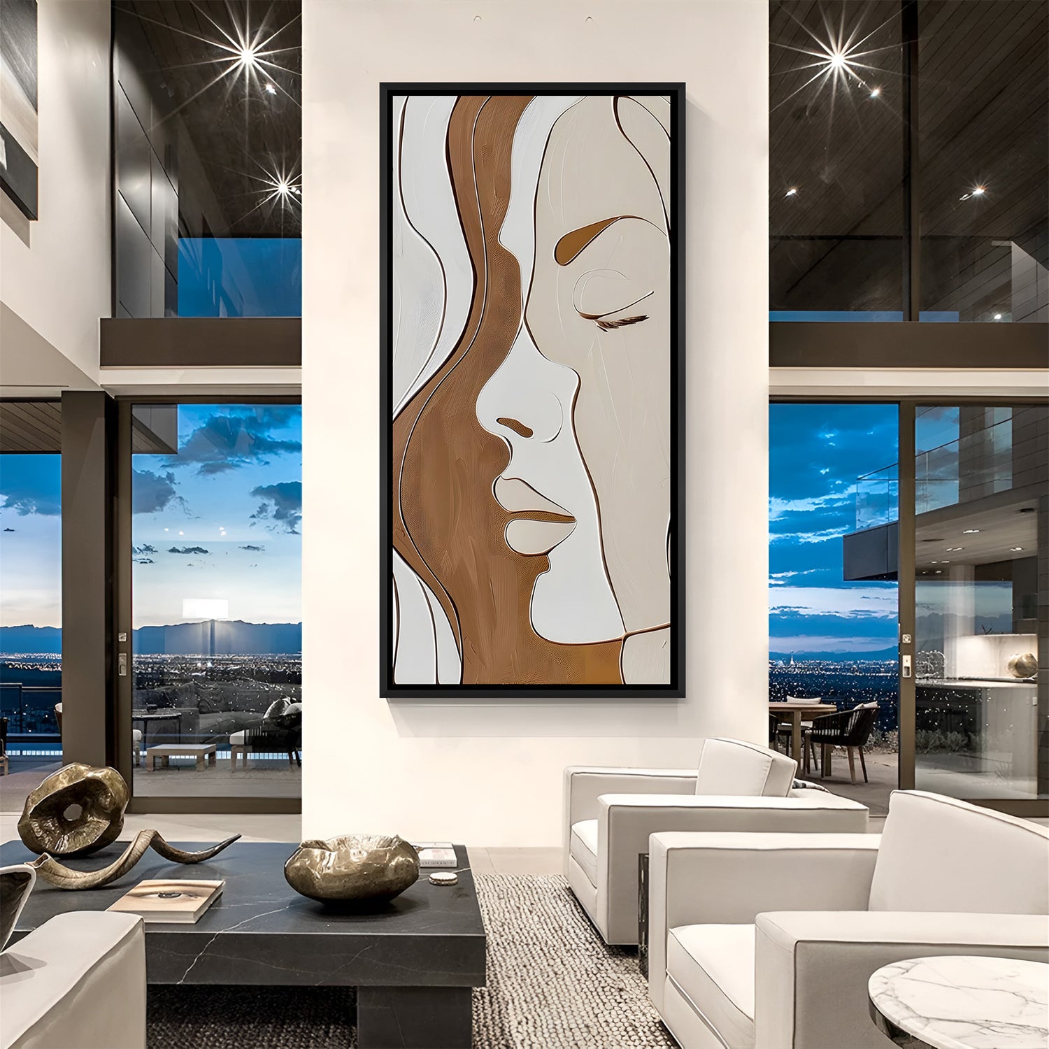 Modern female line art portrait in black floater frame with minimalist abstract facial composition