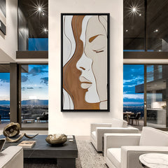 Modern female line art portrait in black floater frame with minimalist abstract facial composition