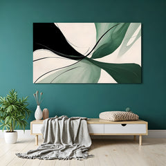 Minimal green abstract canvas wall art with fluid shapes and black accents displayed above sofa in modern living room decor canvas wrap