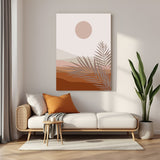 Minimal bohemian canvas wall art with shaded sand and soft sun in a pastel desert landscape