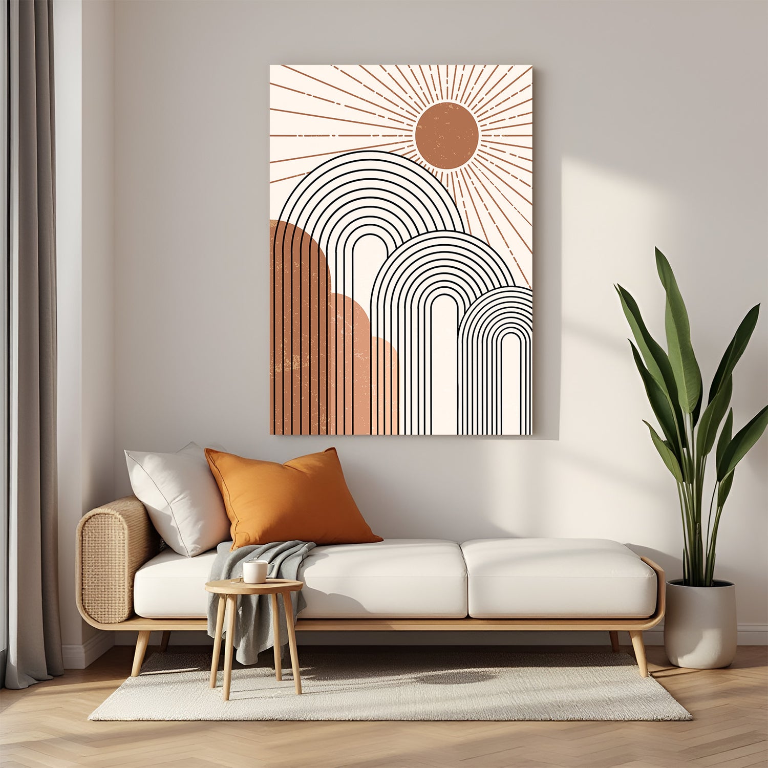 Minimal canvas artwork with sun form and line strokes in soft, calming bohemian tones