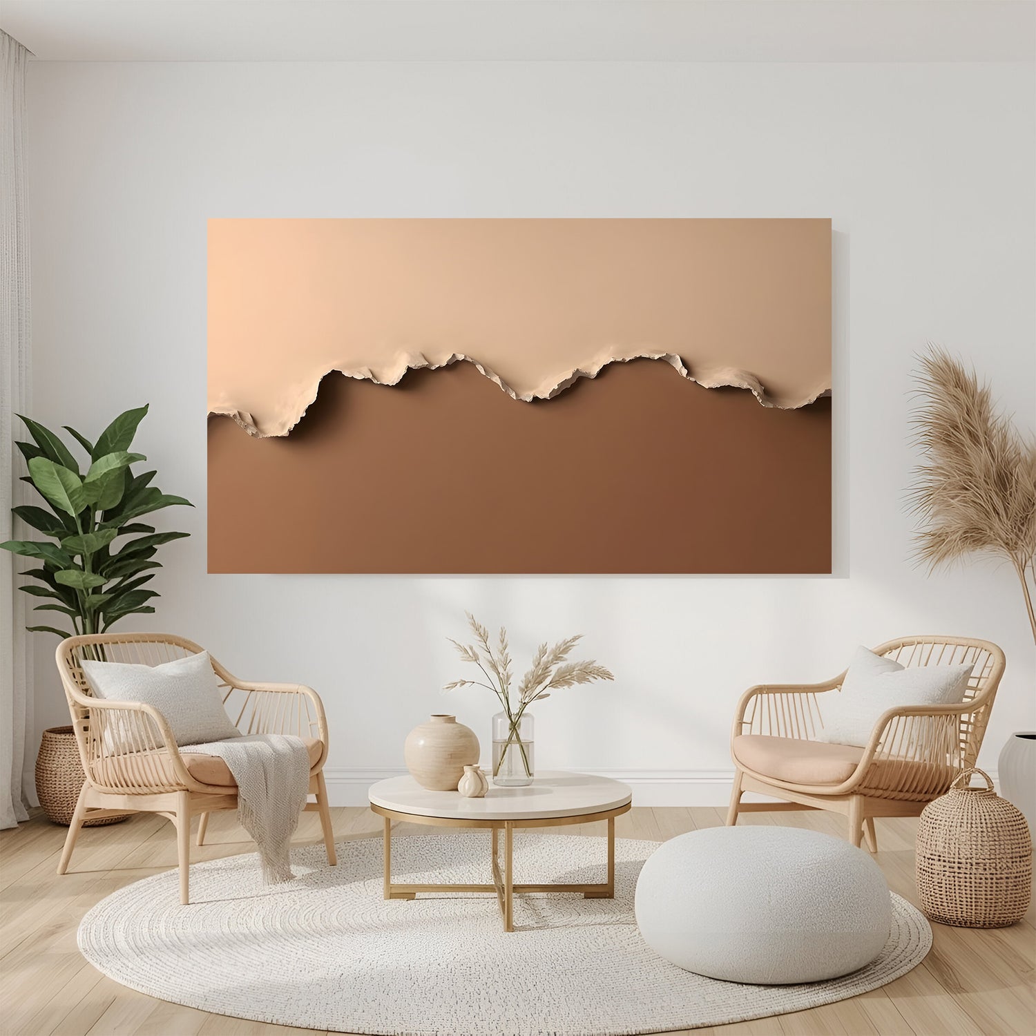 Minimalist neutral abstract canvas wall art with layered paper design in beige and brown tones displayed above sofa in modern living room canvas wrap decor