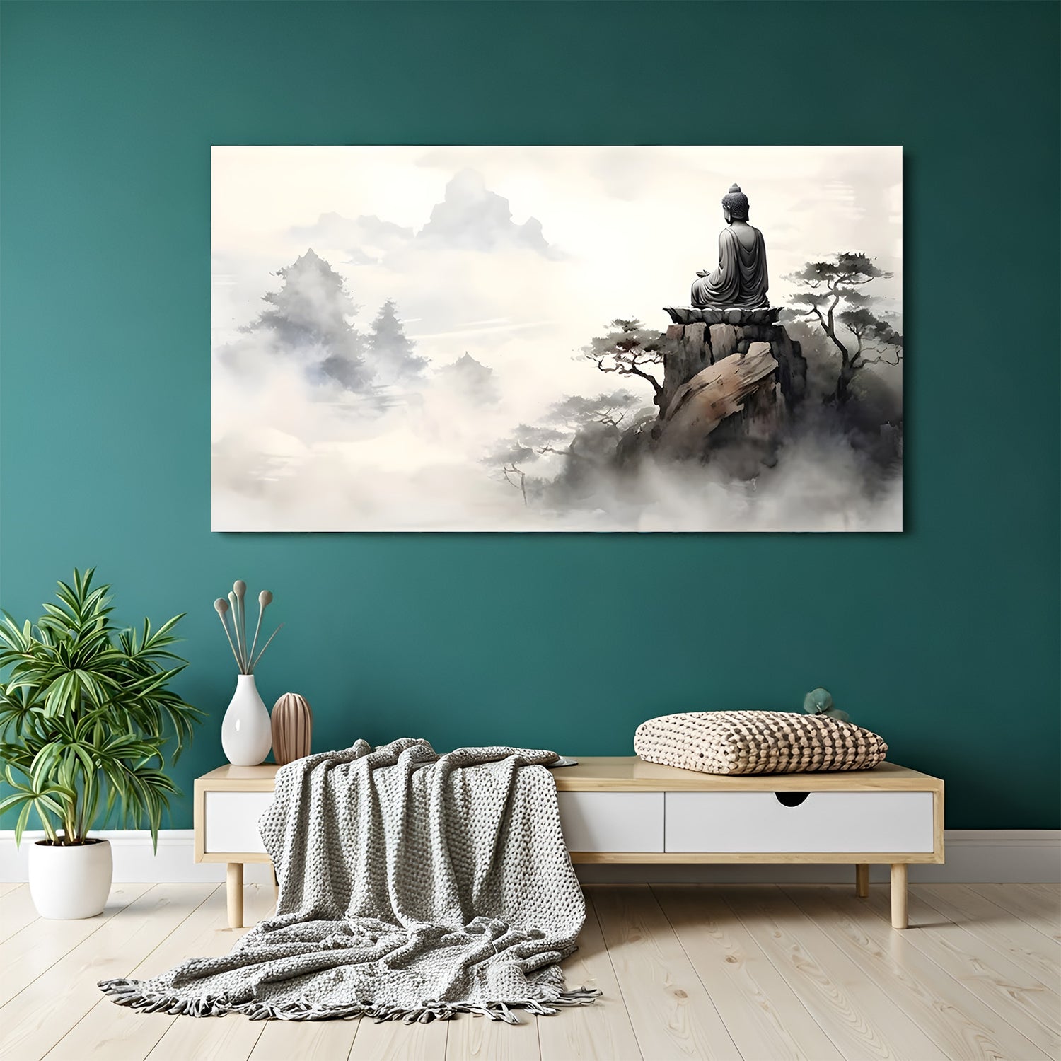 Misty Mountain Buddha canvas painting with Zen spiritual artwork in canvas wrapped frame