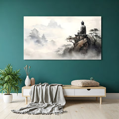 Misty Mountain Buddha canvas painting with Zen spiritual artwork in canvas wrapped frame