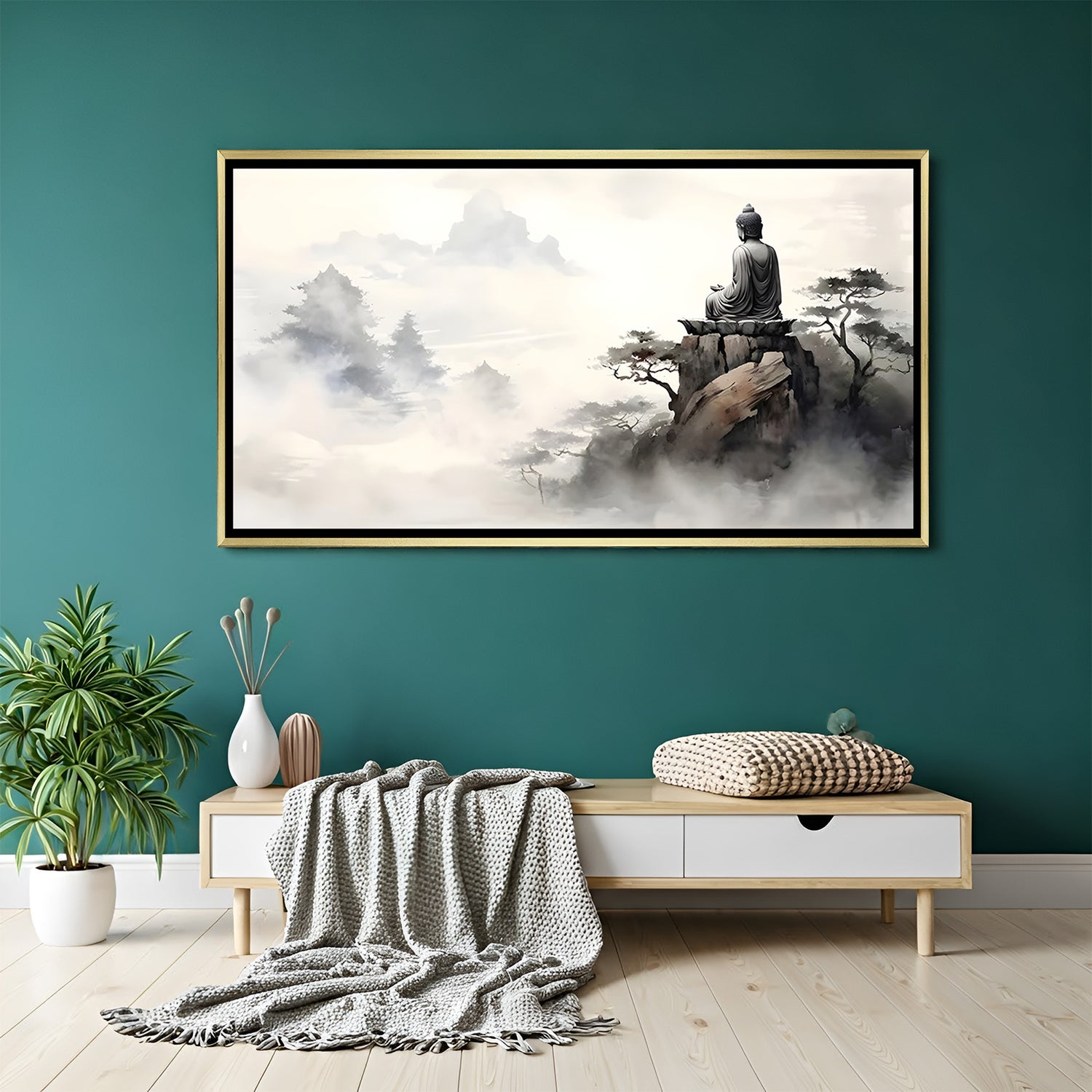 Misty Mountain Buddha wall art in luxury golden floater frame with Zen meditation design