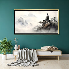 Misty Mountain Buddha wall art in luxury golden floater frame with Zen meditation design
