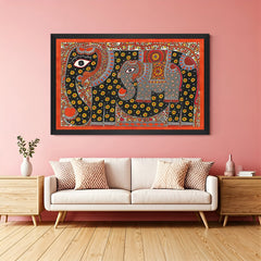 Black frame Madhubani canvas painting – Indian folk wall art for colorful and ethnic home and office interiors