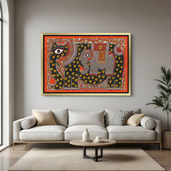 Golden frame Mithila Madhubani wall art – traditional Indian canvas painting for ethnic home and creative office decor