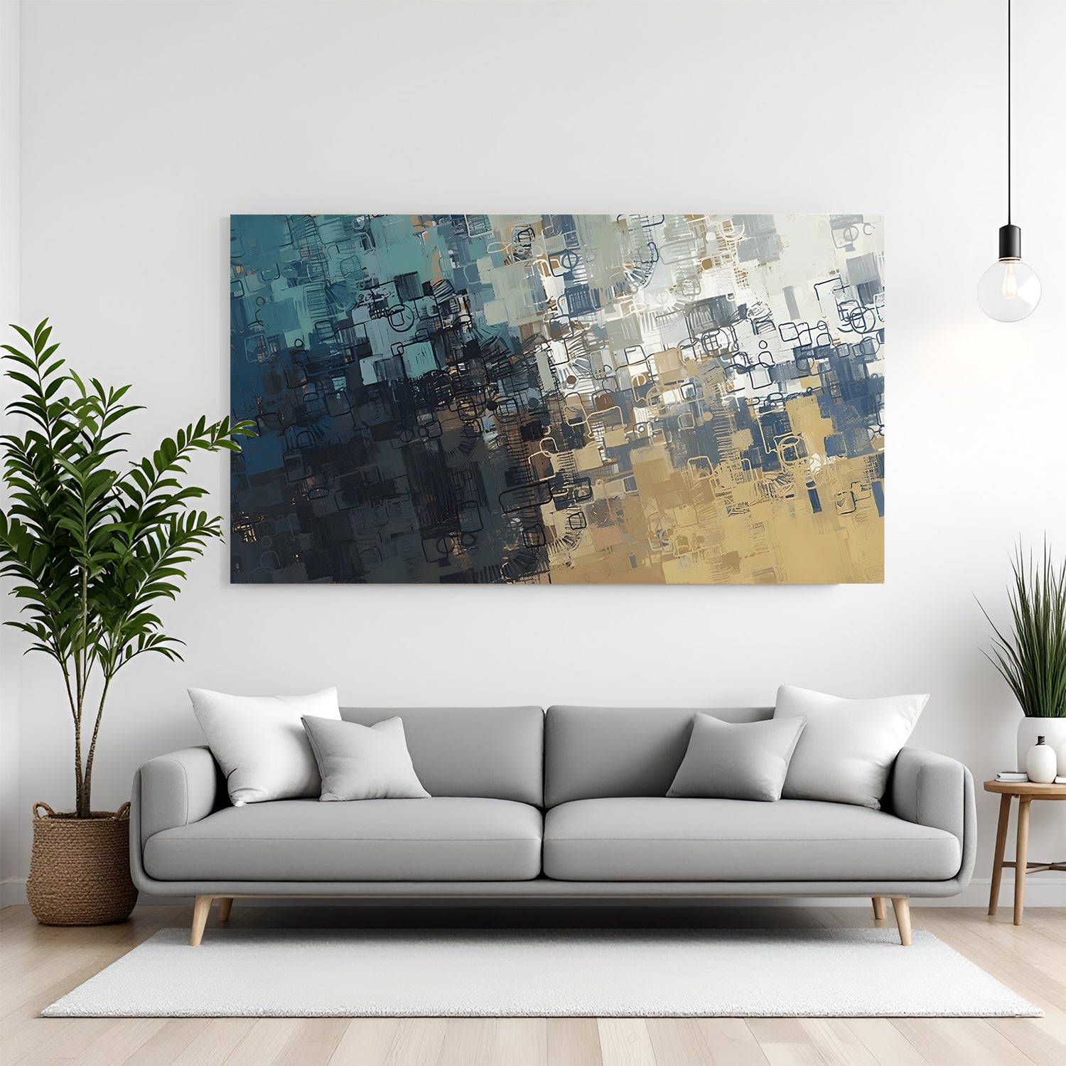 Modern abstract canvas wall art in blue, grey, and gold tones with geometric texture design displayed above sofa in contemporary living room canvas wrap decor