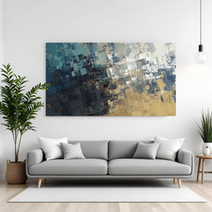 Modern abstract canvas wall art in blue, grey, and gold tones with geometric texture design displayed above sofa in contemporary living room canvas wrap decor