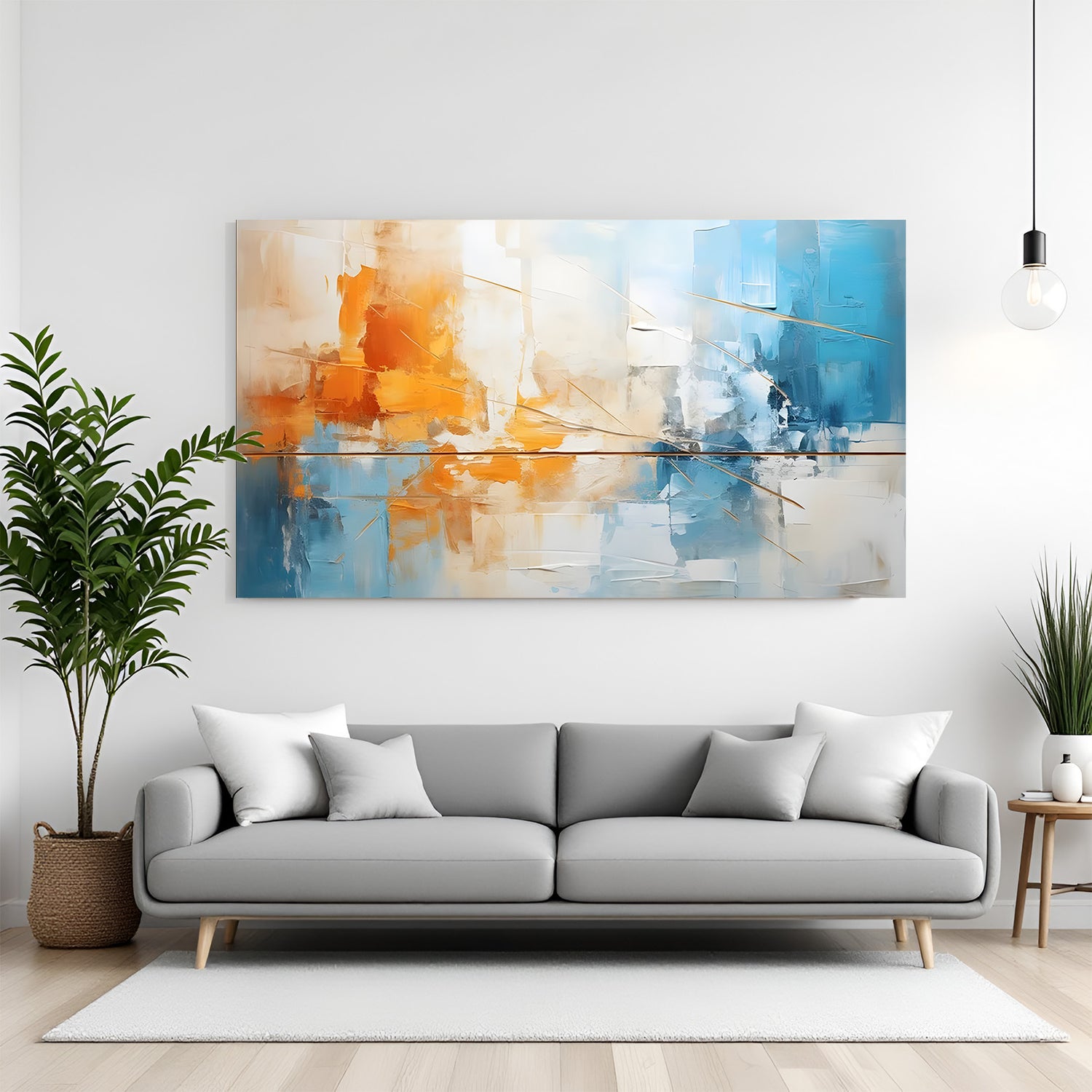 Modern abstract canvas wall art with blue and orange tones and textured design displayed above sofa in contemporary living room canvas wrap decor