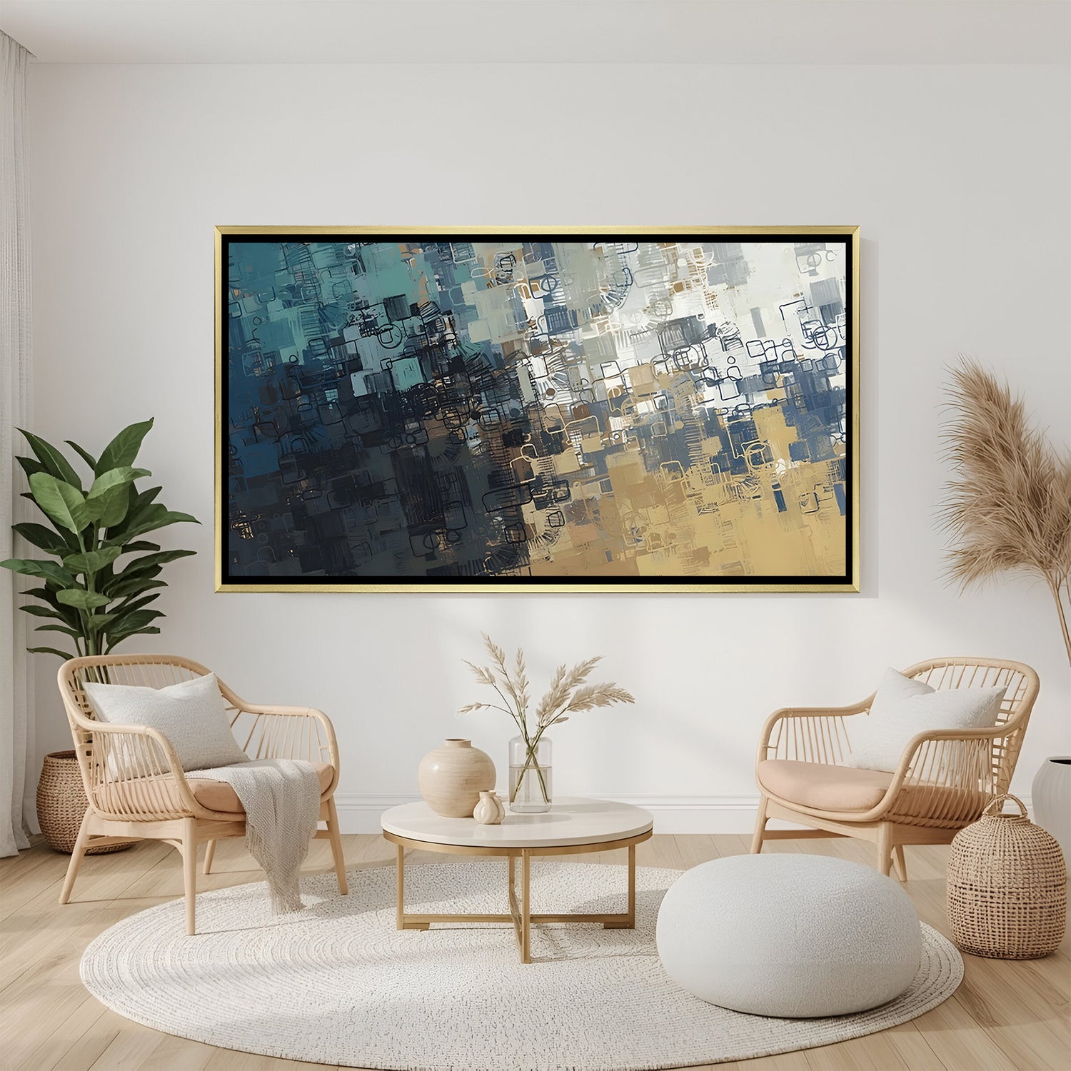 Modern abstract canvas wall art with blue, grey, and gold tones in golden floater frame displayed in elegant contemporary living room decor