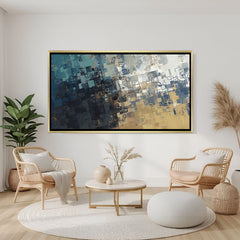 Modern abstract canvas wall art with blue, grey, and gold tones in golden floater frame displayed in elegant contemporary living room decor
