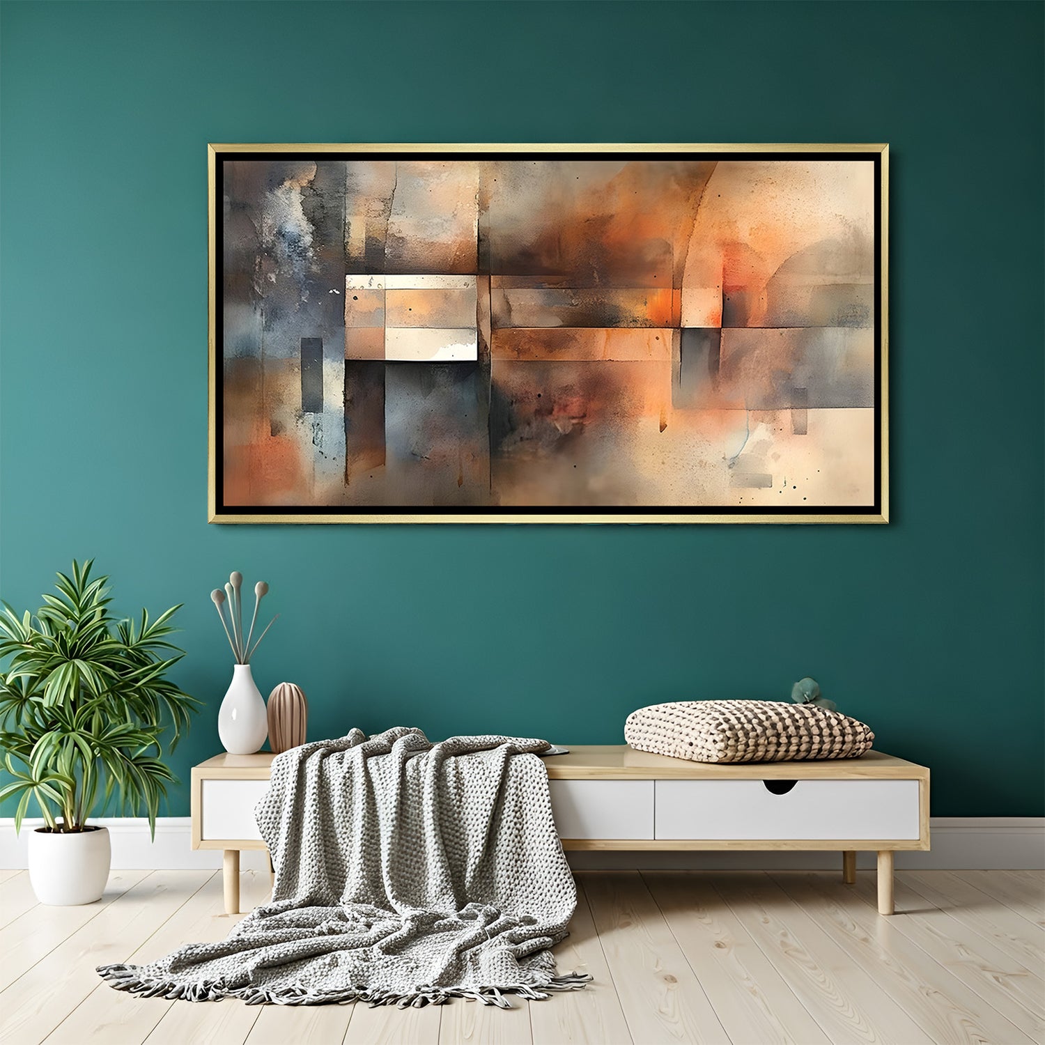 Abstract canvas wall art with earthy geometric design and warm tones in golden floater frame displayed in elegant modern living room decor