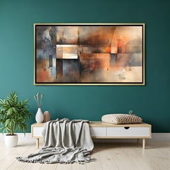 Abstract canvas wall art with earthy geometric design and warm tones in golden floater frame displayed in elegant modern living room decor