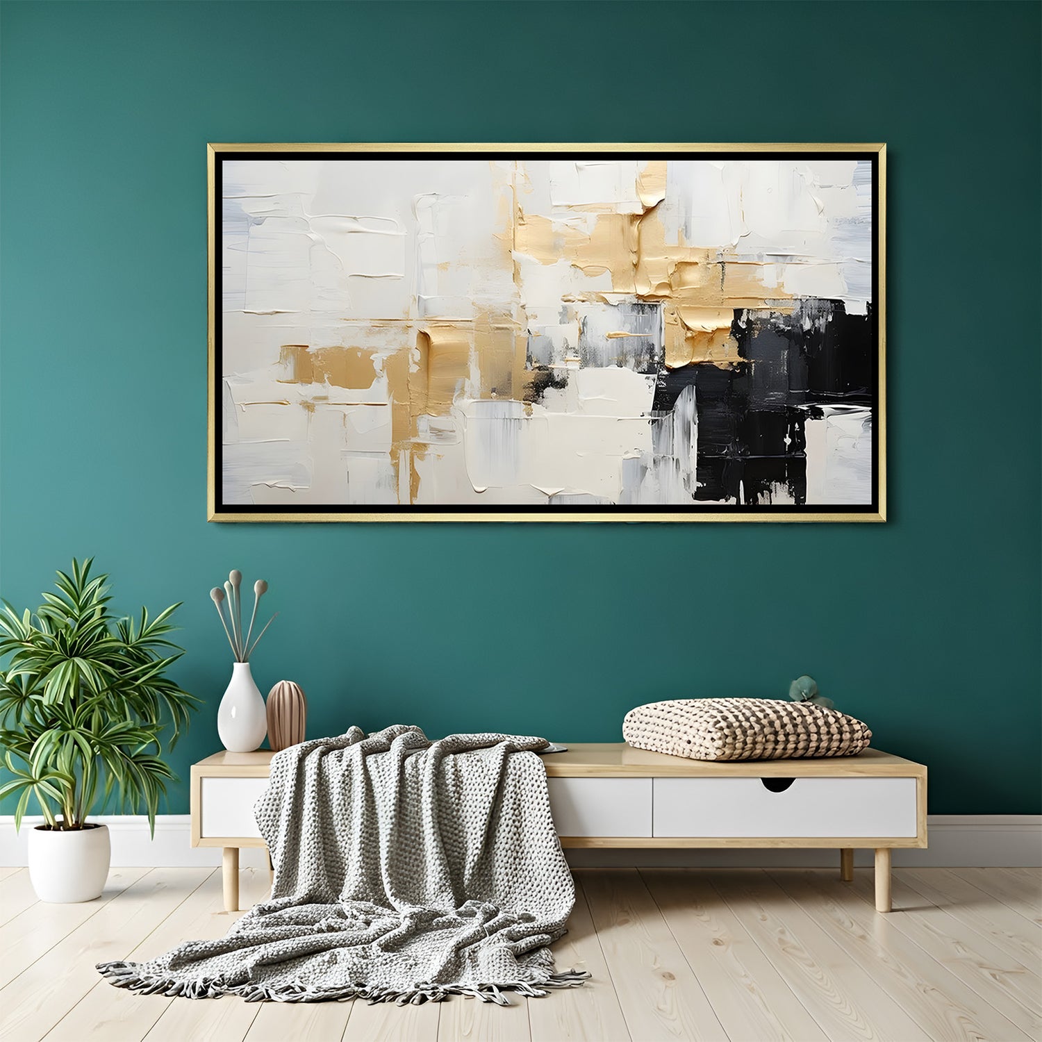 White and gold abstract canvas wall art with black accents in golden floater frame displayed in elegant contemporary living room decor
