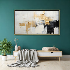 White and gold abstract canvas wall art with black accents in golden floater frame displayed in elegant contemporary living room decor