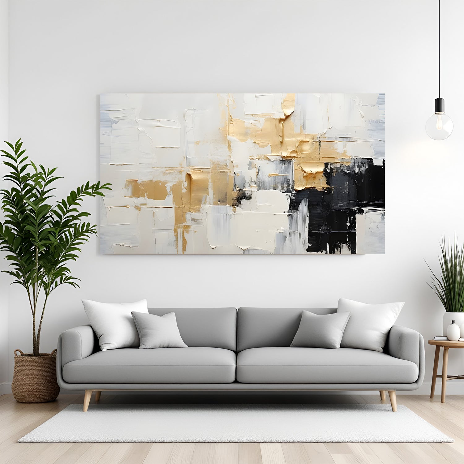 Modern abstract canvas wall art with white, gold, and black textured design displayed above sofa in contemporary living room canvas wrap decor