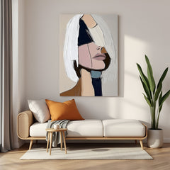 Modern abstract female portrait canvas wall art with minimal face and geometric colors