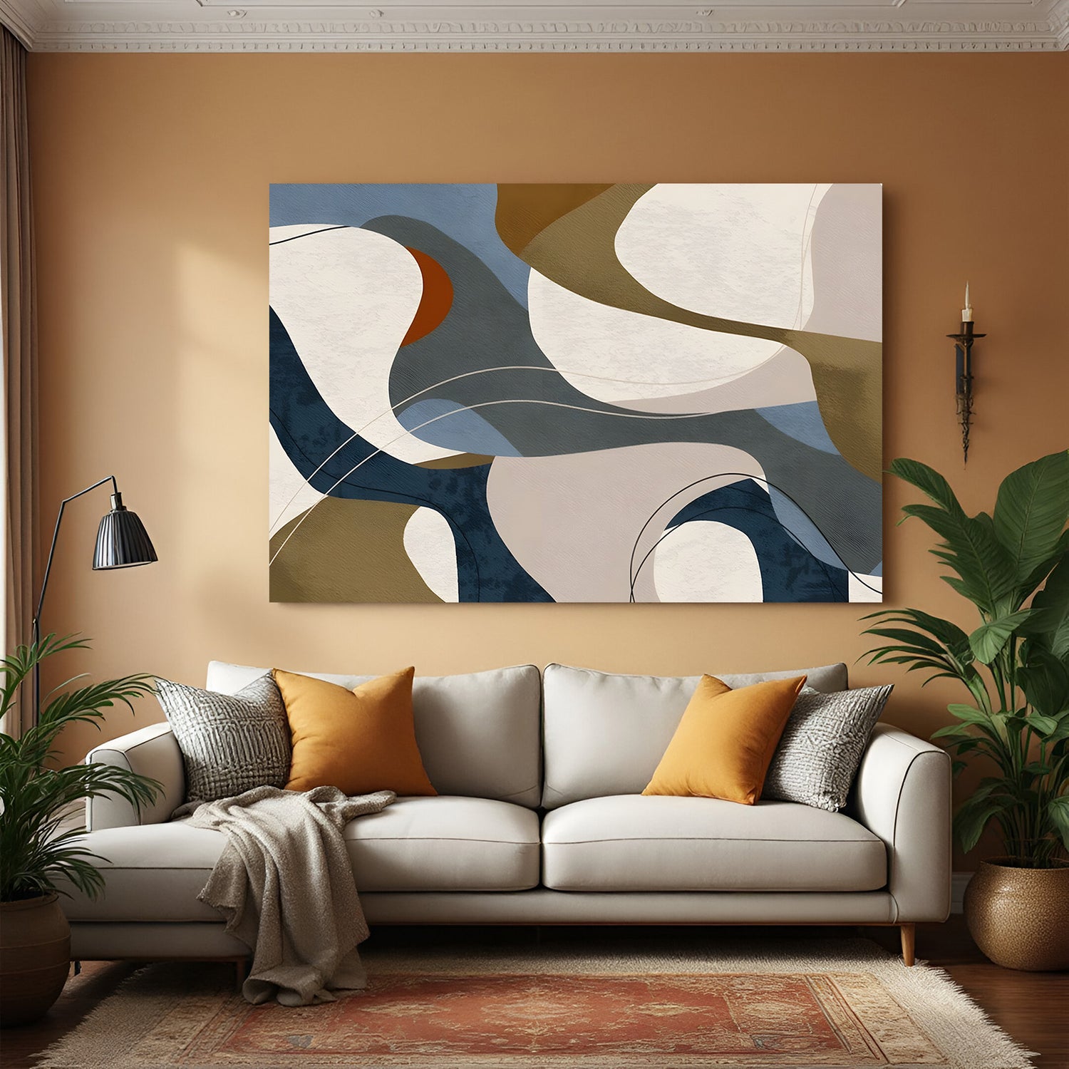 Modern abstract flow canvas wall art with earthy tones and smooth wave patterns in living room