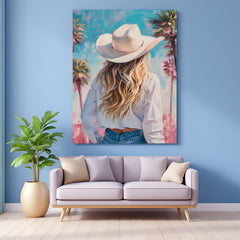 Modern bohemian canvas art showing a woman in a wide hat viewed from behind—an elegant and serene wall art print for stylish, earthy, and feminine home decor