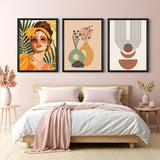Boho canvas wall art set of 3 with girl in sunglasses and floral background, pastel flower pots, and minimalist abstract shapes in light colors