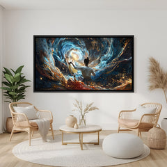 Abstract cosmic painting in black floater frame with deep blue galaxy swirl and golden light accents.