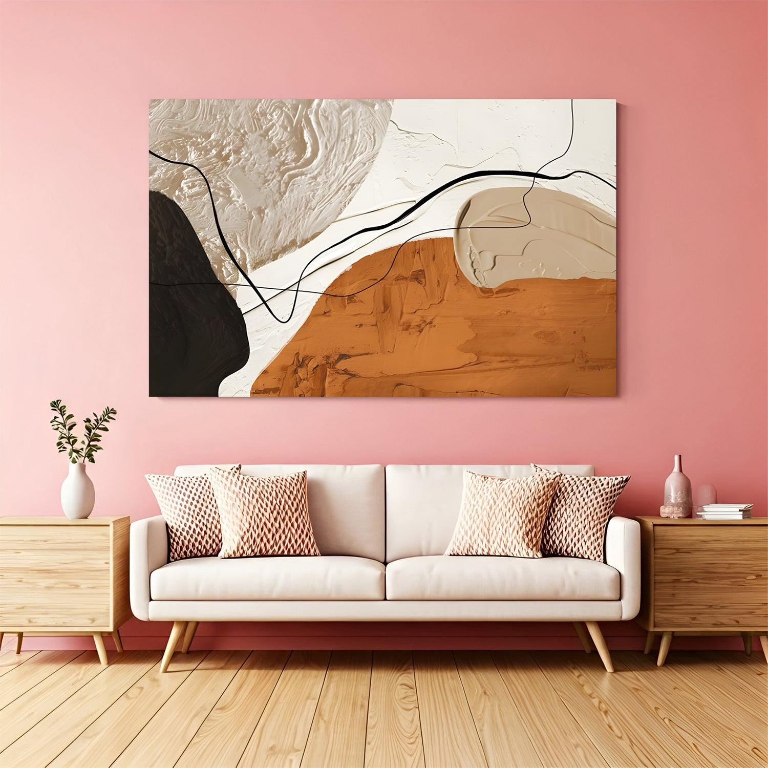Modern abstract canvas wall art in terracotta and neutral tones with textured design displayed above sofa in contemporary decor canvas wrap