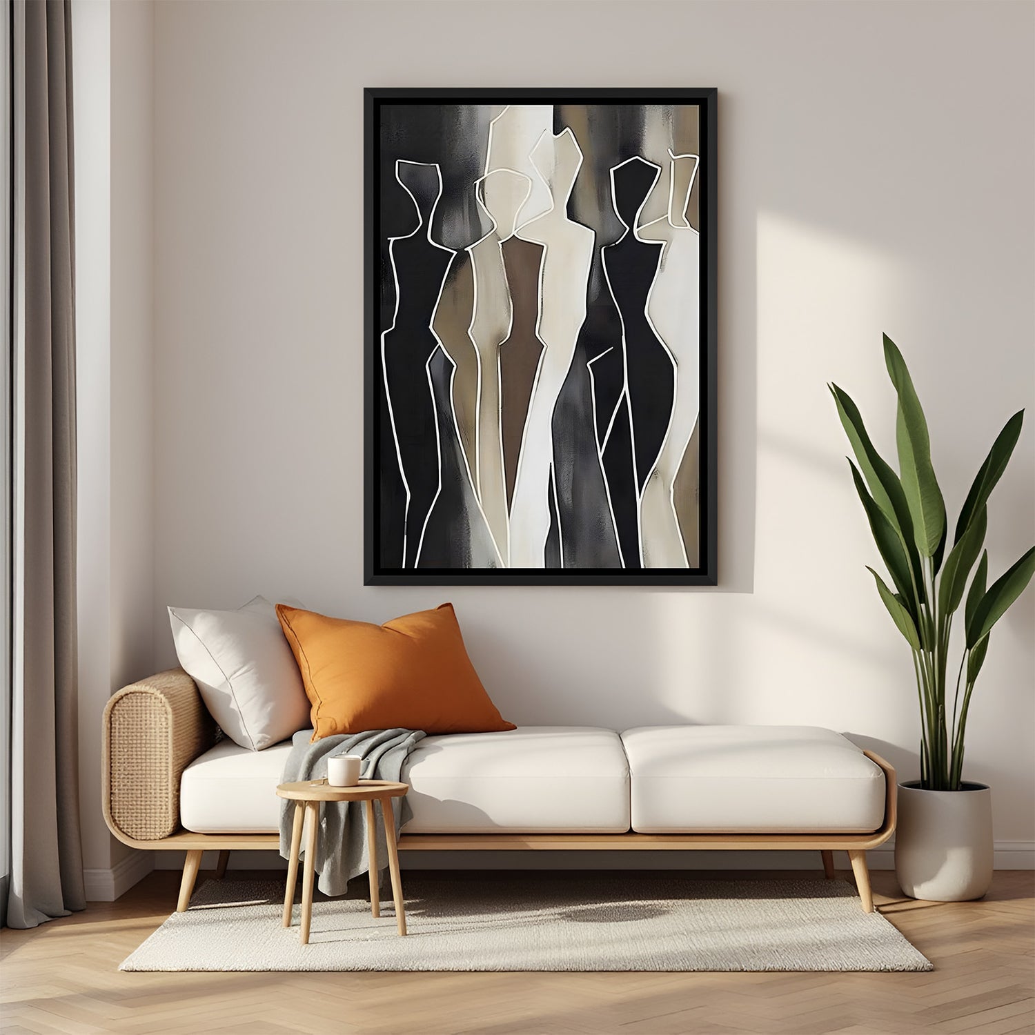 Modern abstract figurative painting with human silhouettes in black frame