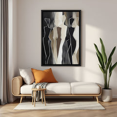 Modern abstract figurative painting with human silhouettes in black frame