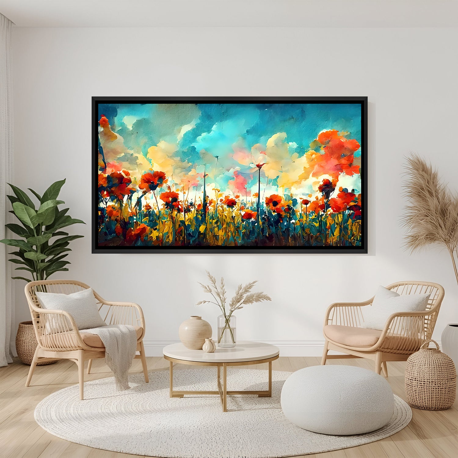 Modern floral artwork in elegant black floater frame for luxury interiors