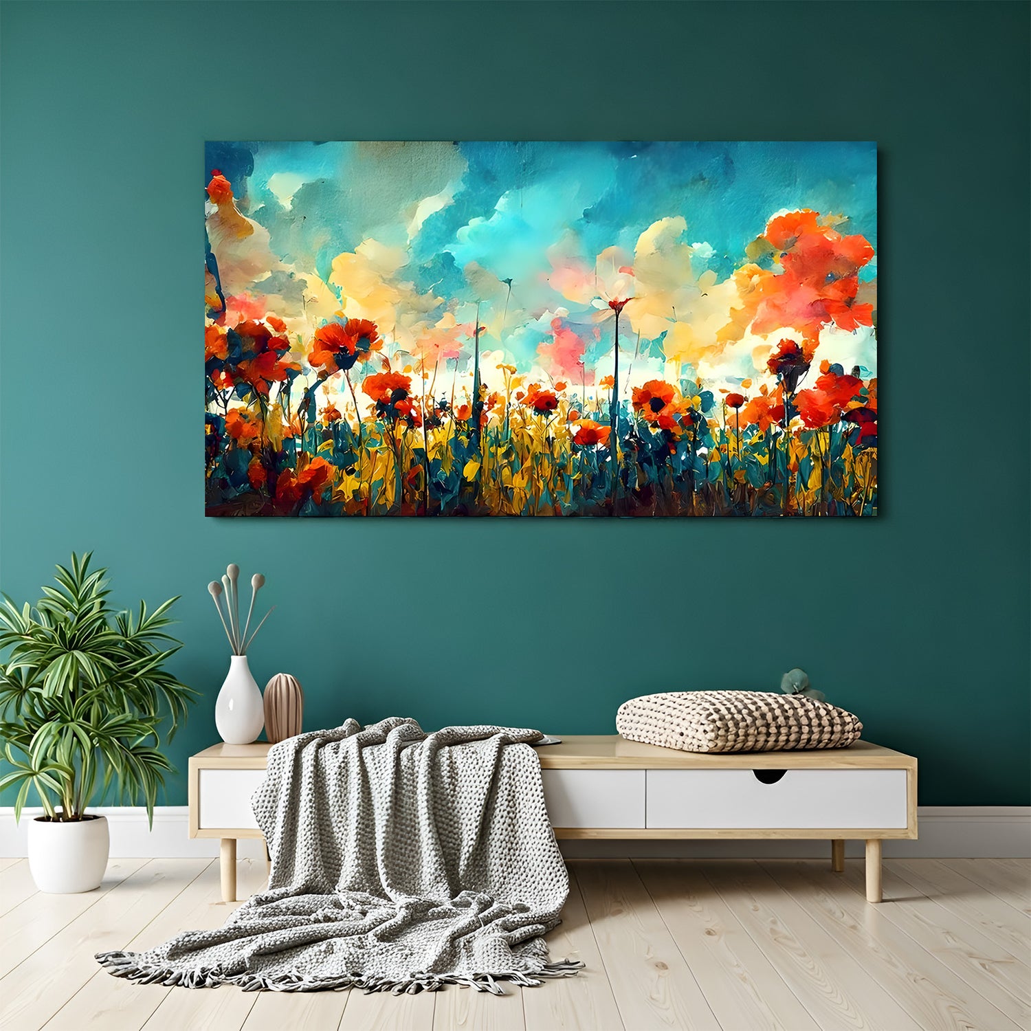 Elegant modern flower painting canvas wall art in premium canvas wrapped frame
