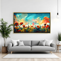 Luxury modern flower painting artwork in golden floater frame for contemporary decor