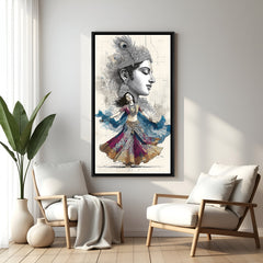 Radha Krishna modern sketch painting in elegant black floater frame contemporary spiritual wall decor