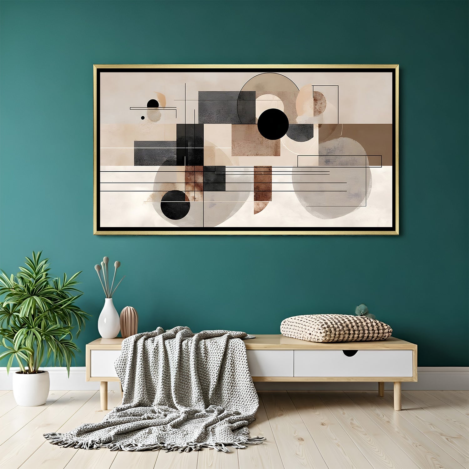 Modern geometric abstract canvas wall art in neutral tones with golden floater frame displayed in elegant minimalist living room decor