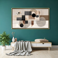 Modern geometric abstract canvas wall art in neutral tones with golden floater frame displayed in elegant minimalist living room decor