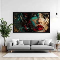 Contemporary abstract female face wall art in matte black frame featuring bold red lips and textured paint splashes.