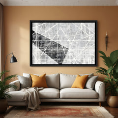 Modern abstract grey grid painting with intersecting lines in black frame
