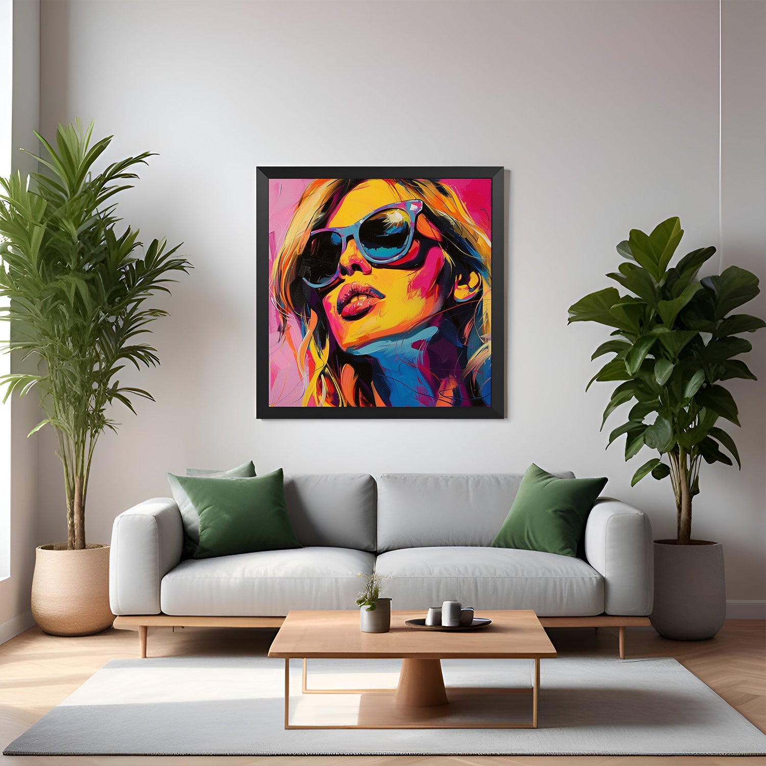 Black frame canvas print of abstract modern woman with sunglasses – chic wall art for modern and fashion-themed interiors