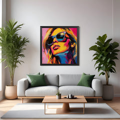 Black frame canvas print of abstract modern woman with sunglasses – chic wall art for modern and fashion-themed interiors