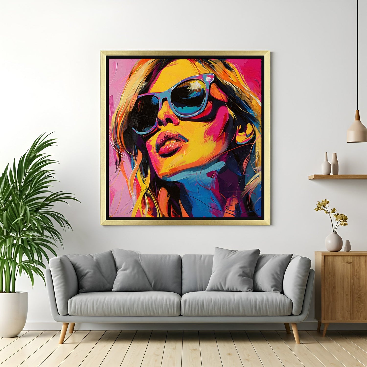 Golden frame abstract wall art of stylish lady in sunglasses – fashionable canvas print perfect for elegant and trendy wall decor