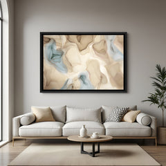 Modern marble style abstract painting in beige tones with black frame
