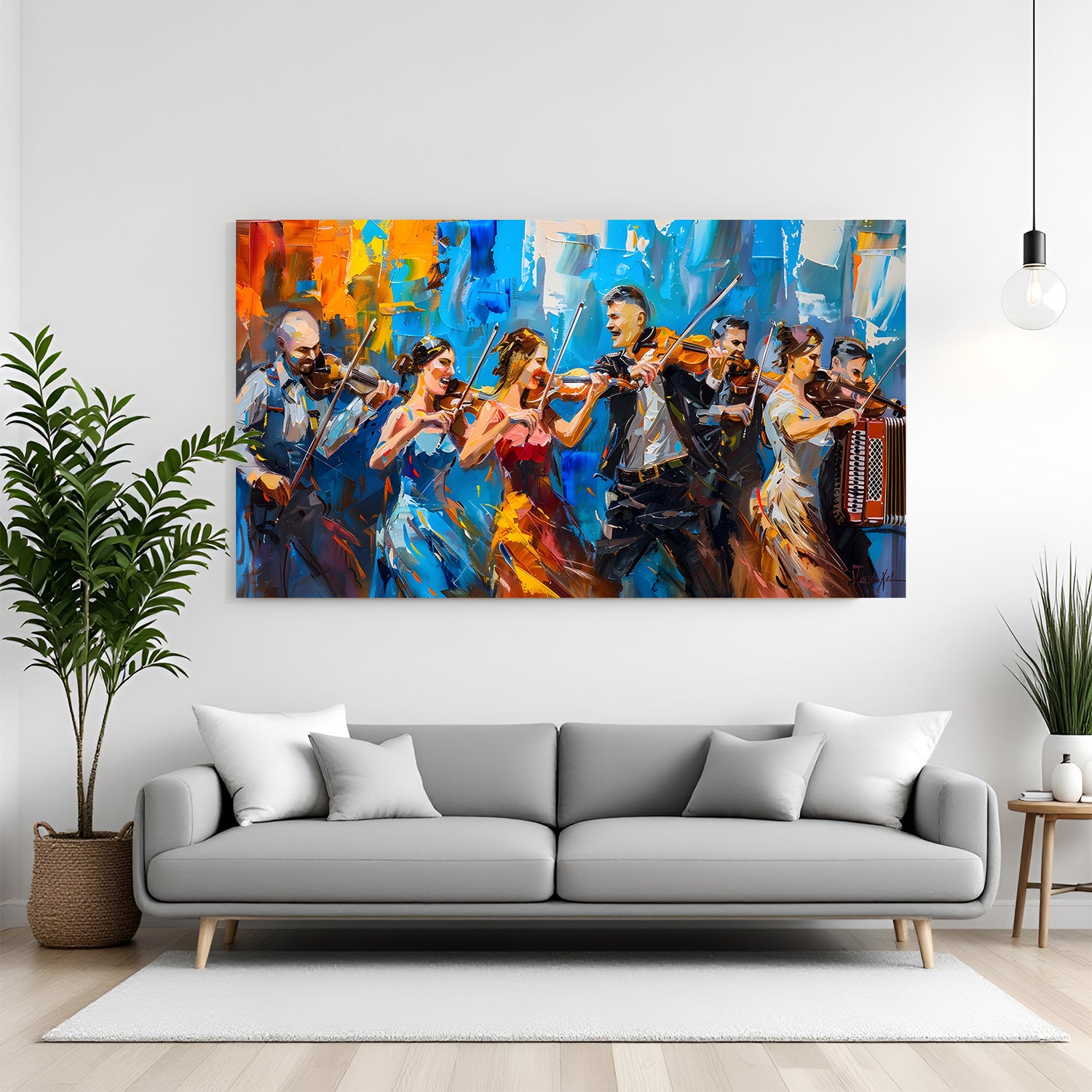 Canvas wrapped contemporary painting of musicians playing violin and accordion in vibrant expressive colors.