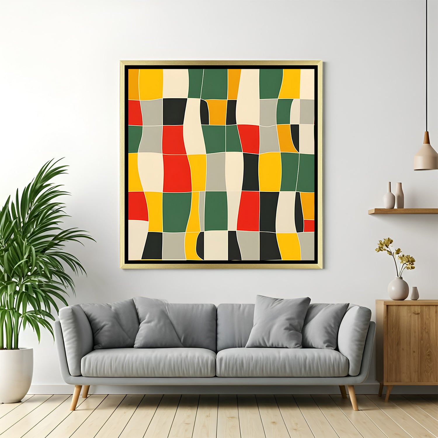 Abstract geometric color block canvas art with golden frame