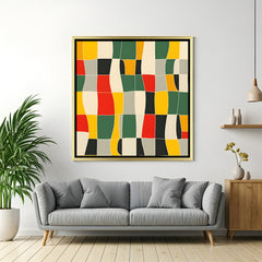 Abstract geometric color block canvas art with golden frame